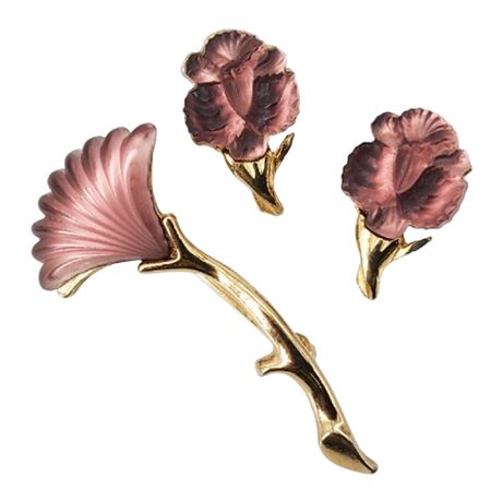 Vintage WHITING & DAVIS Matte Glass Flower Clip Earrings & Fan Brooch Set