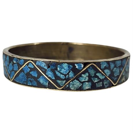 Vintage Indian Brass Inlay Crushed Turquoise Bangle Bracelet