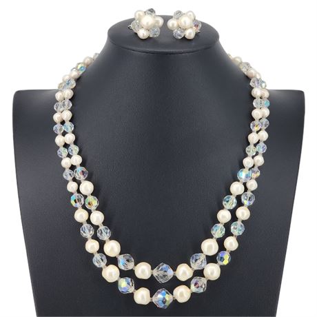 Vintage LAGUNA Faceted Aurora Borealis Crystal & Faux Pearl Necklace & Earrings