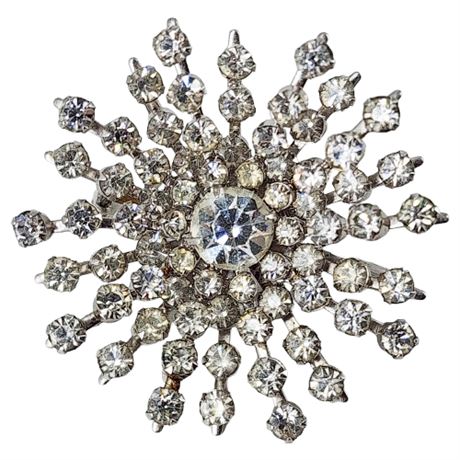 Vintage Tiered Prong Set Rhinestone Snowflake Burst Brooch