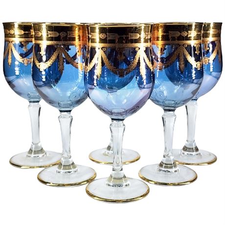 Cristallerie Italian Iridescent Blue Gold Gilt Water Goblets, Set of 6