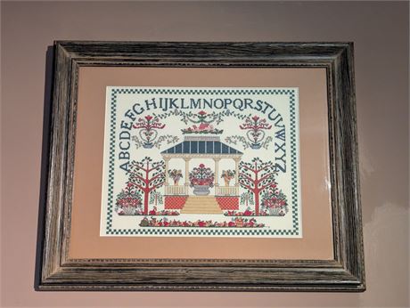Handsewn Cross Stitch Sampler w/ Gazebo Framed 17.5" x 21.5"