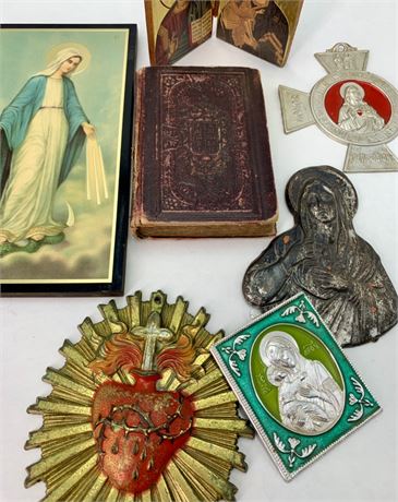 7 pc Religious Catholic Madonna Spiritual Icon Lot with Hebrew Book