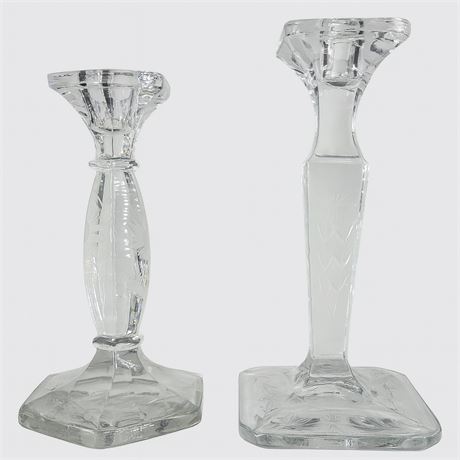 Set of 2 Etched Glass Candlestick Holders, US Glass and Cambridge