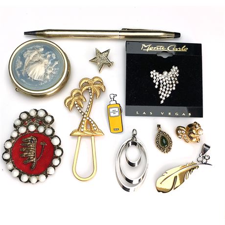 Vintage Lot-Gold Filled Cross Pen, Cameo Trinket Box, Pendants and Pins