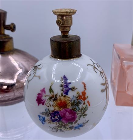 Trio of Vintage Rose Pink & Floral Glass Perfume Bottles