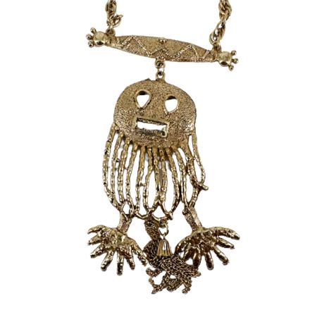 1970's Gold Tone Abstract Owl Necklace