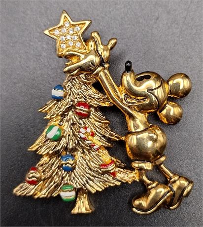 Disney Napier gold tone Mickey Mouse Christmas tree brooch