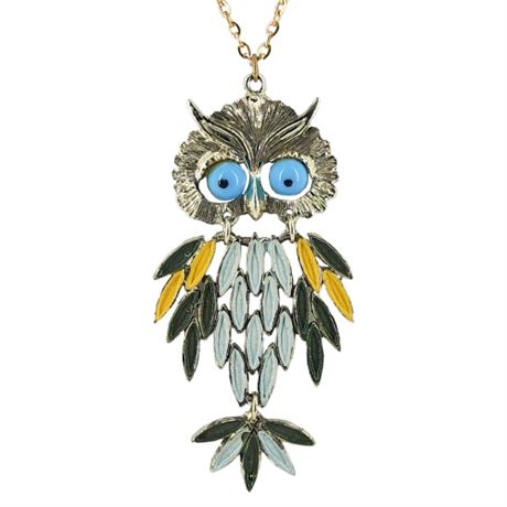 Vintage Large Articulated Wise Owl Pendant Necklace
