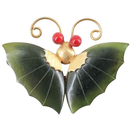 Vintage Carved Jade Wings Butterfly Brooch