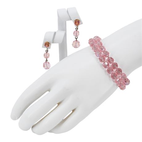 Vintage Pink Faceted Crystal Beaded Clip Earrings & Bracelet w/ Sterling Clasp