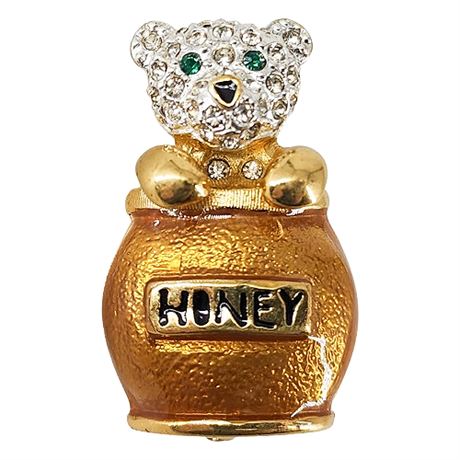 Vintage Enamel & Rhinestone Honey Pot Bear Brooch