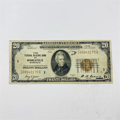 1929 $20 Minneapolis Federal Reserve Banknote
