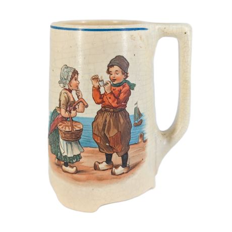 Antique 1900s Roseville Creamware Pottery Mug Dutch Children at the Seaside
