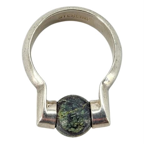 Vintage Sterling Silver Dark Green Jade Modernist Ring, Sz 4.75