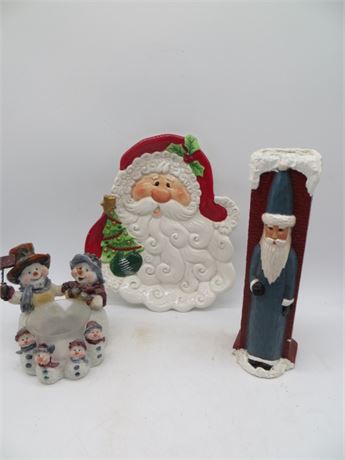 Fitz & Floyd Santa Plate, Snowman Candle Holder & Santa