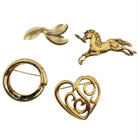 Vintage 4pc Lot of Gold Tone Brooches