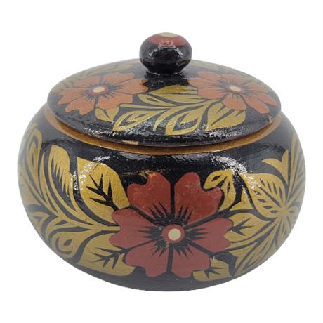 Vintage Black Floral Hand-Painted Russian Wooden Trinket Box