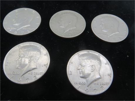 Five 1972 D Kennedy Half Dollars