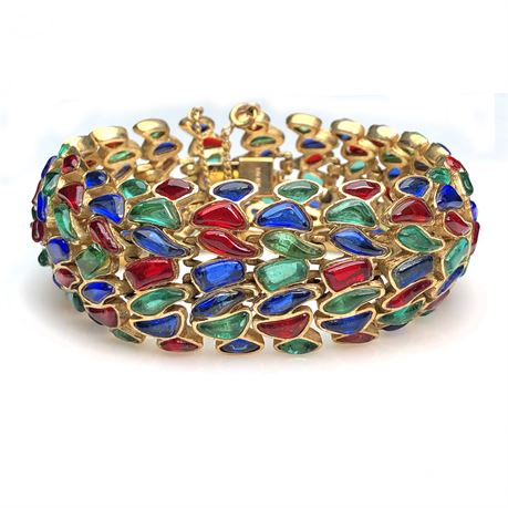 Stunning Vintage Trifari "Modern Mosaic" Sapphire Emerald & Ruby Glass Bracelet