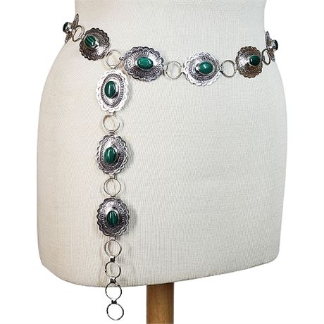 Vintage Signed G. Pete Navajo Sterling Silver Malachite Concho Belt