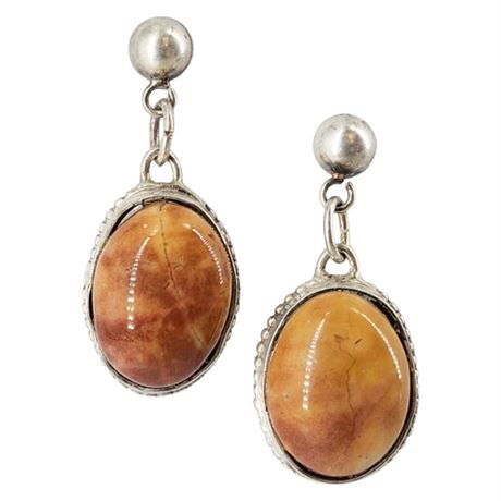 Vintage Sterling Silver Jasper Cabochon Post Back Drop Earrings