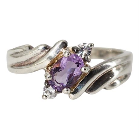 Vintage Silver Plated Amethyst & CZ Ring, Sz 7