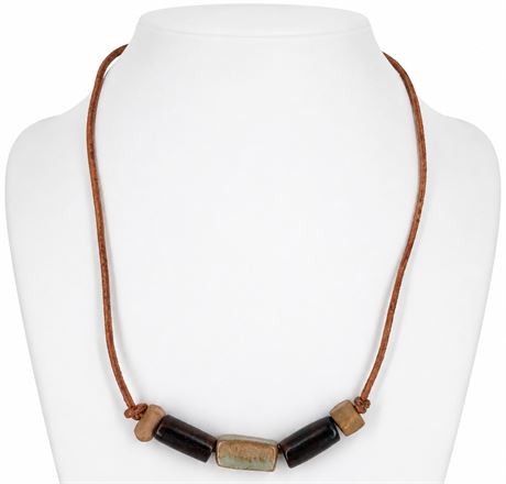Artisan Leather Cord Necklace with Stone and Wood Beads, Bohemian