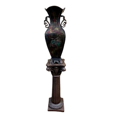 Decorative Metal Flower Urn on Plaster Pedestal