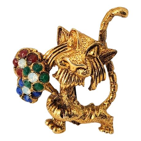 Vintage Tiger w/ Rhinestone Flowers Brooch