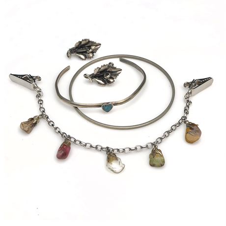 Vintage Silver Tone Bracelets, Leaf Earrings & Genuine Stone Charm Sweater Guard