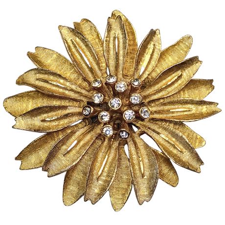 Vintage BSK Gold Tone Rhinestone Flower Brooch – Large Textured Floral Statement