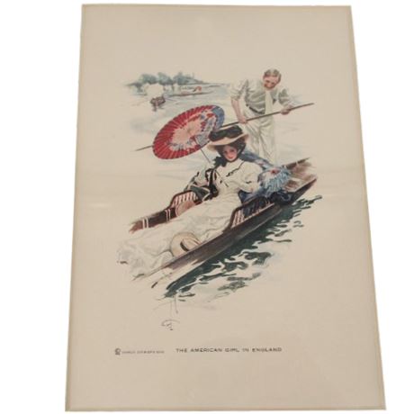 Antique 1912 Lithograph: Harrison Fisher THE AMERICAN GIRL in ENGLAND Matted