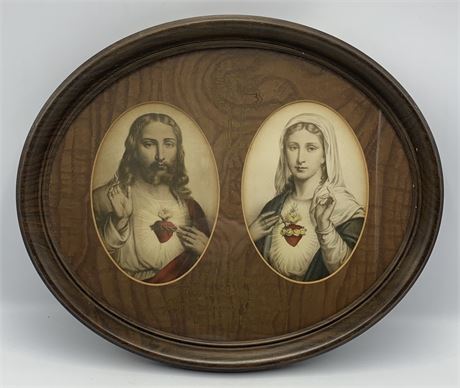 Vintage Catholic Bleeding Heart Mary & Jesus Religious Framed Oval Lithograph