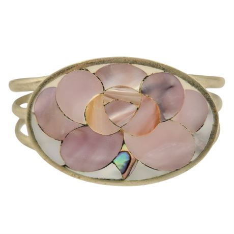 Vintage Silver Tone Mother of Pearl and Abalone Cuff Bracelet