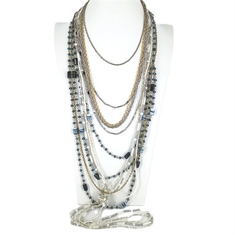 Vintage Multi-Strand Necklace Lot – Blue Glass Beaded Necklace, White Seed Bead