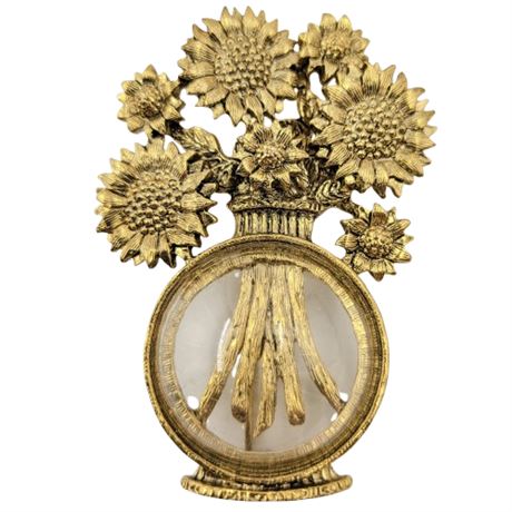 Vintage Gold Tone Sunflower Brooch with 3-D Dome Vase