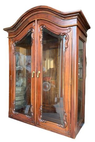 Lovely Vintage Carved Wood Arch Top 48” Tall Table Top Display Cabinet