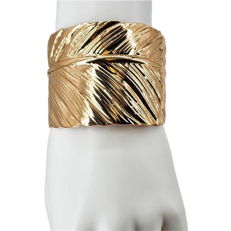 Modern Wide Gold Tone Feather Cuff Bracelet
