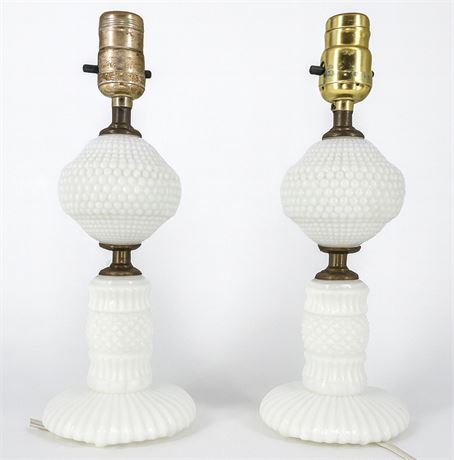 1950s Hobnail Milk Glass Boudoir Lamps, Set of 2