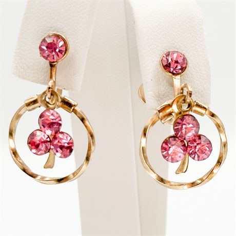 Vintage Gold Tone & Pink Crystal Clover Dangle Earrings
