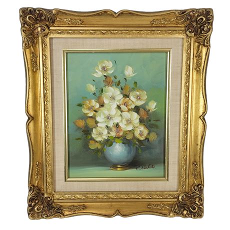 Framed C. Nichols Signed Vase of Flowers Oil Painting on Canvas