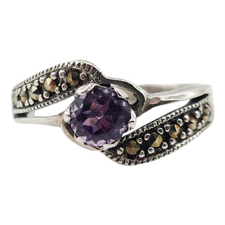 Sterling Silver Amethyst & Marcasite Ring, Sz 6.75