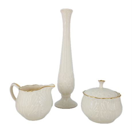 Lenox Creamer and Sugar Set with Bud Vase, Acanthus Leaf Design, 24K Details