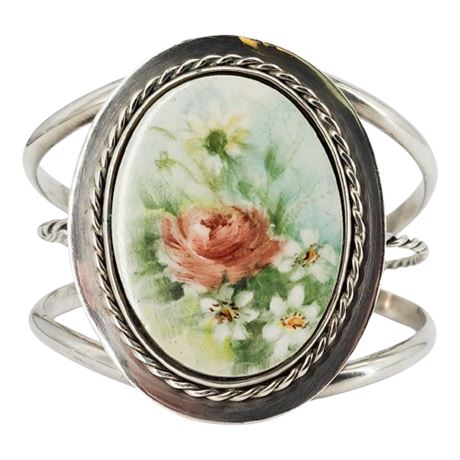 Vintage Sterling Silver Hand Painted Floral Porcelain Cuff Bracelet