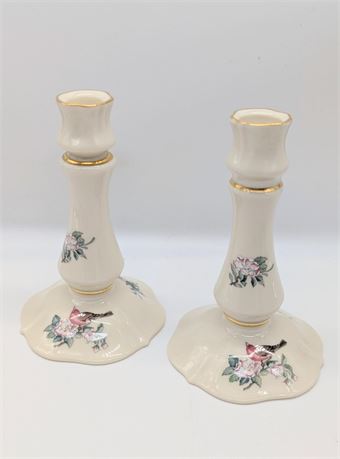 Pair Lenox USA "Serenade" candlesticks bird cherry blossom