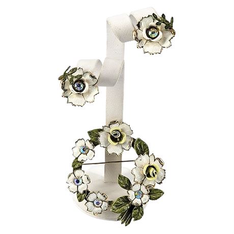 Vintage Coro Enameled Flowers Brooch & Clip Earrings Set