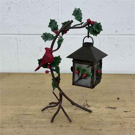 Metal Holly Branch W/ Cardinal & Hanging Lantern
