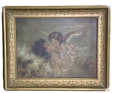Edwardian Angelic Cherub Framed Antique Oil Painting