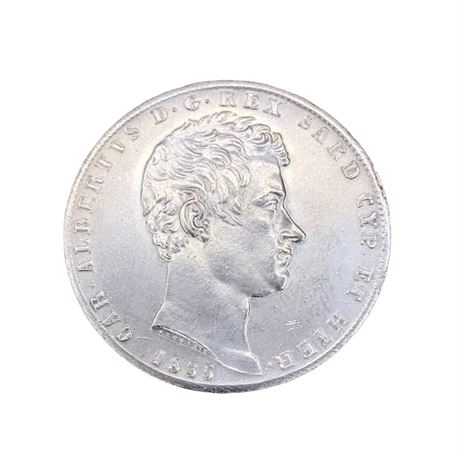 Fine 1835 Sardania 5 Lira Italian High Relief Silver Coin